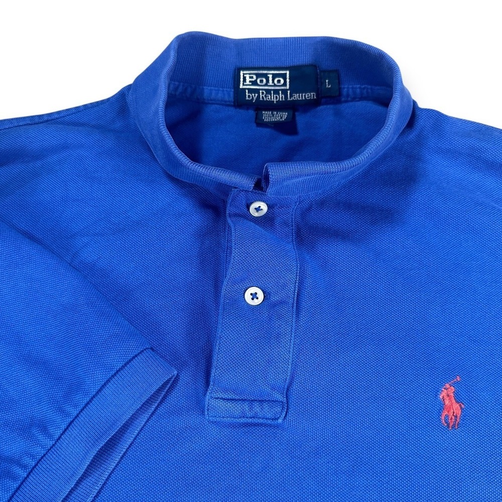 Polo Ralph Lauren Mens Blue Banded Collar Pique Polo Shirt Red Pony Logo Large